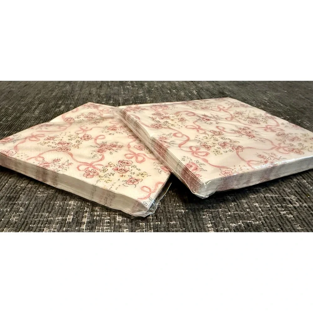 Amscan Luncheon Napkins Pink White New Floral Bows 2 Packs 32ct 2-Ply